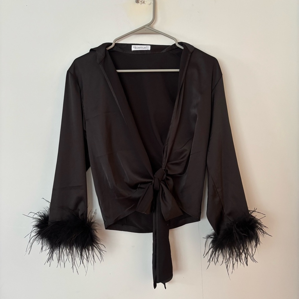 rumours black silk satin tie front crop blouse with feather trim cuffs on sleeve